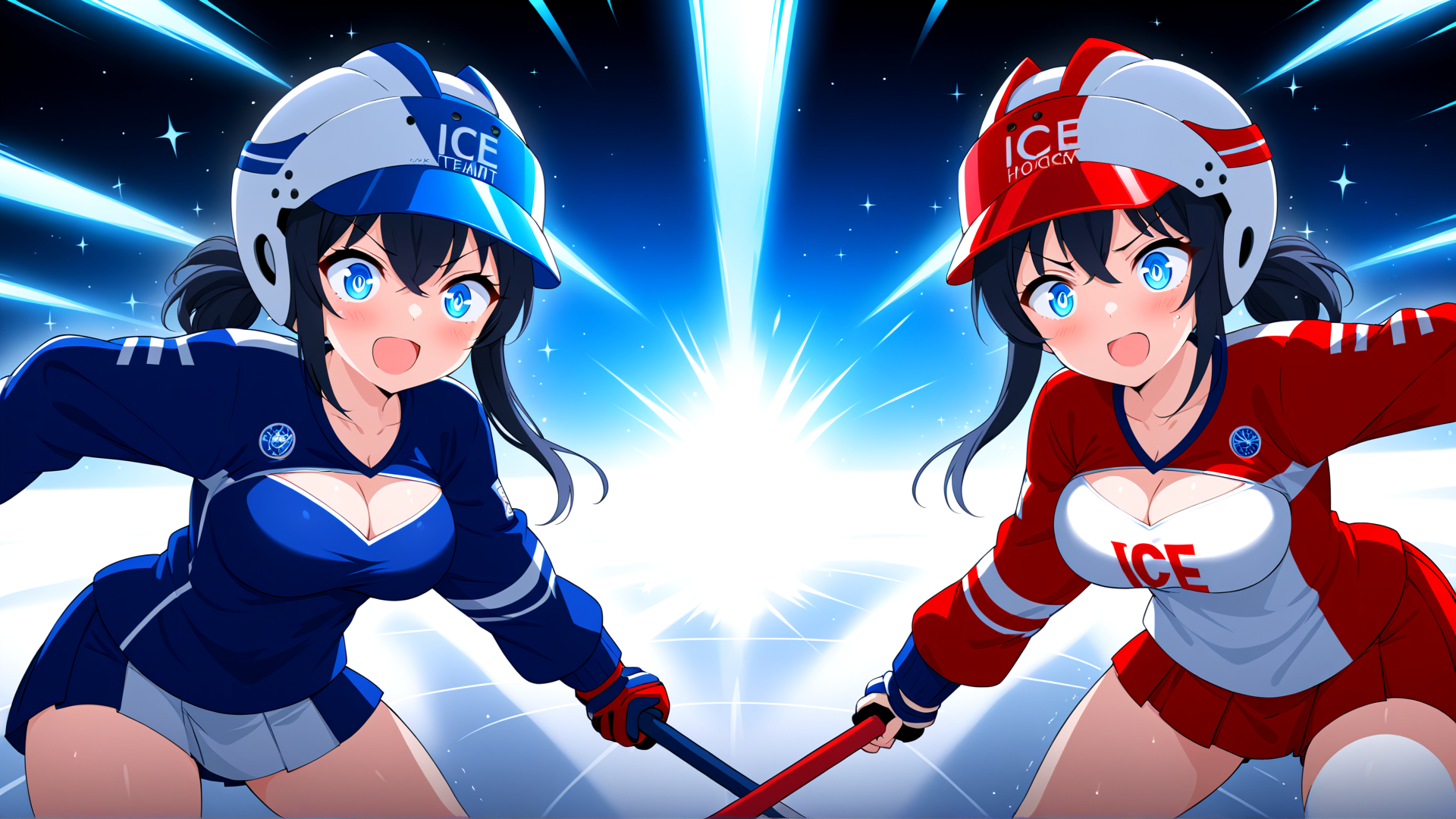 AI generated wallpaper featuring girls, hockey, helmets, uniforms, sticks