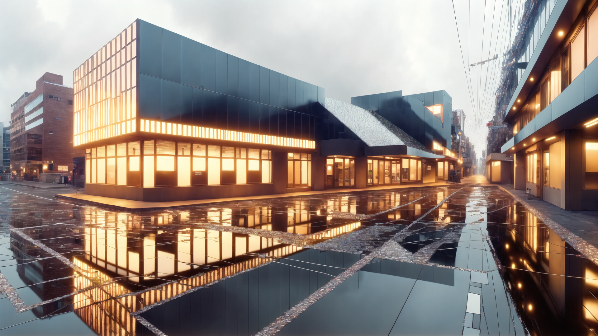 AI generated wallpaper featuring building, street, reflection, window, sky, light, architecture, water, urban, structure