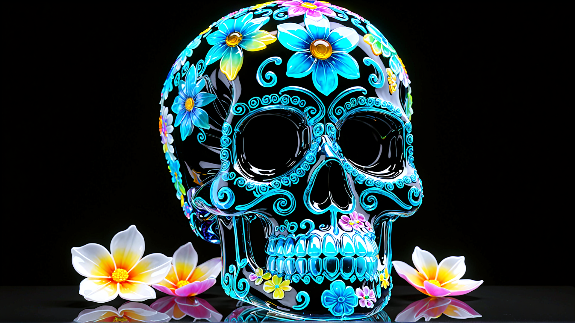 AI generated wallpaper featuring skull, flowers, day of the dead