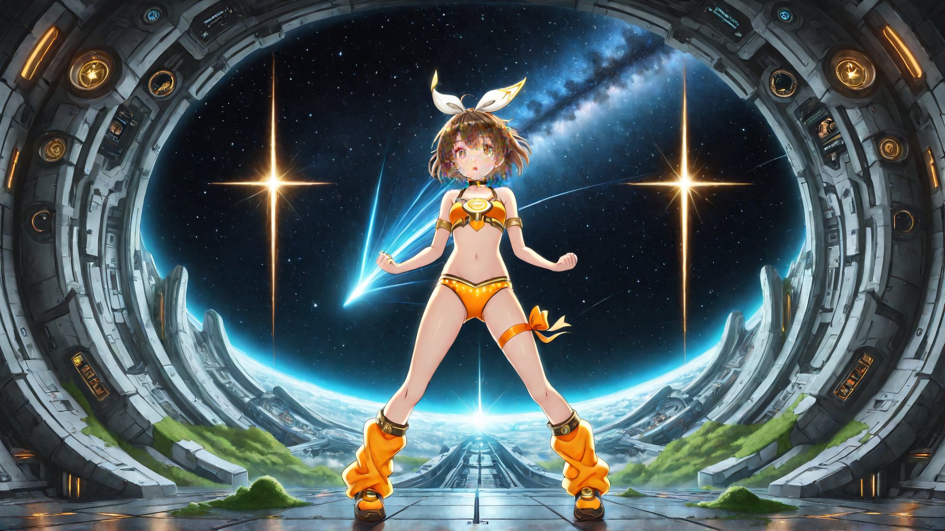 AI generated wallpaper featuring anime girl, space, spaceship, alien, futuristic