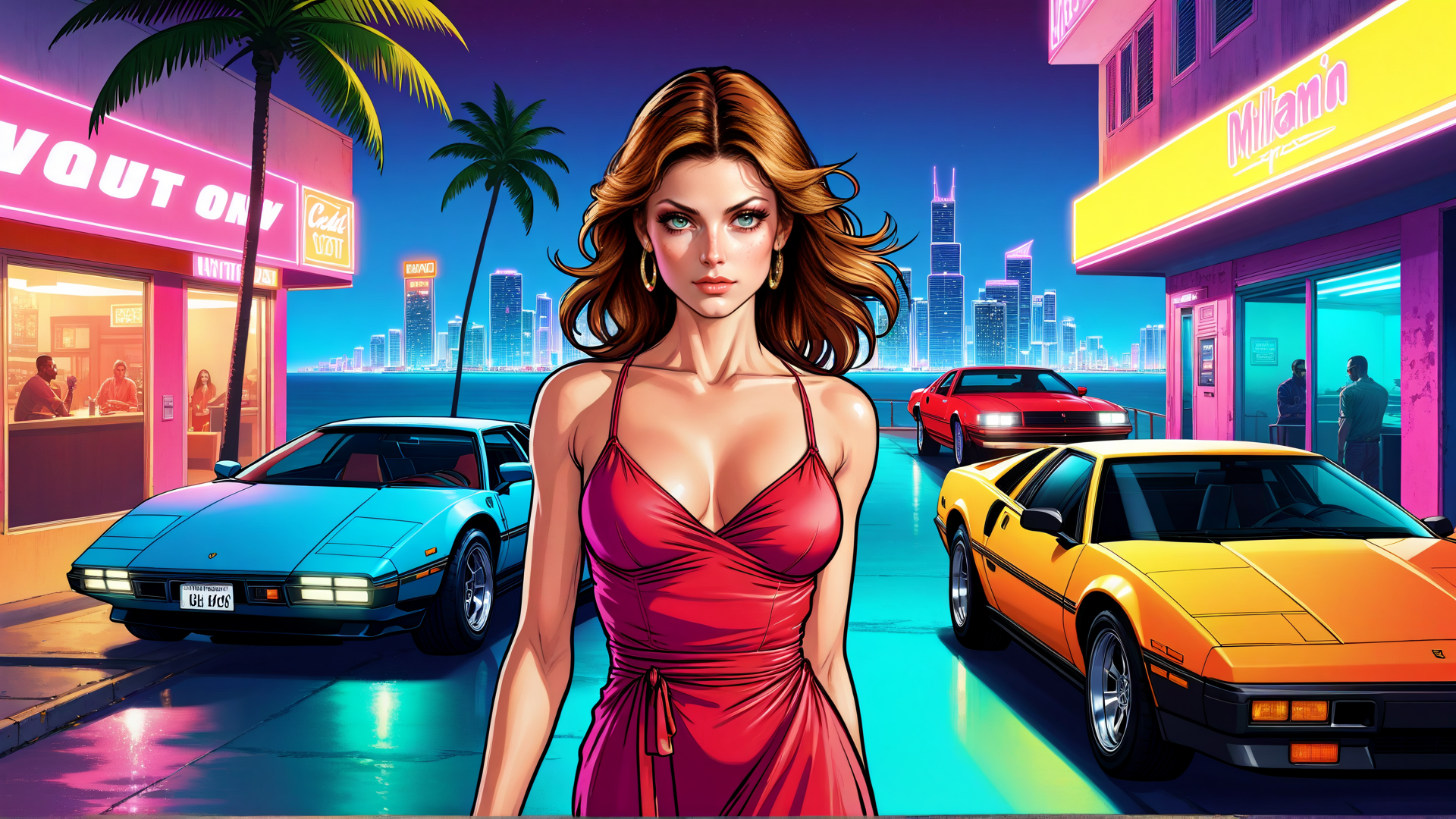 AI generated wallpaper featuring woman, cars, cityscape