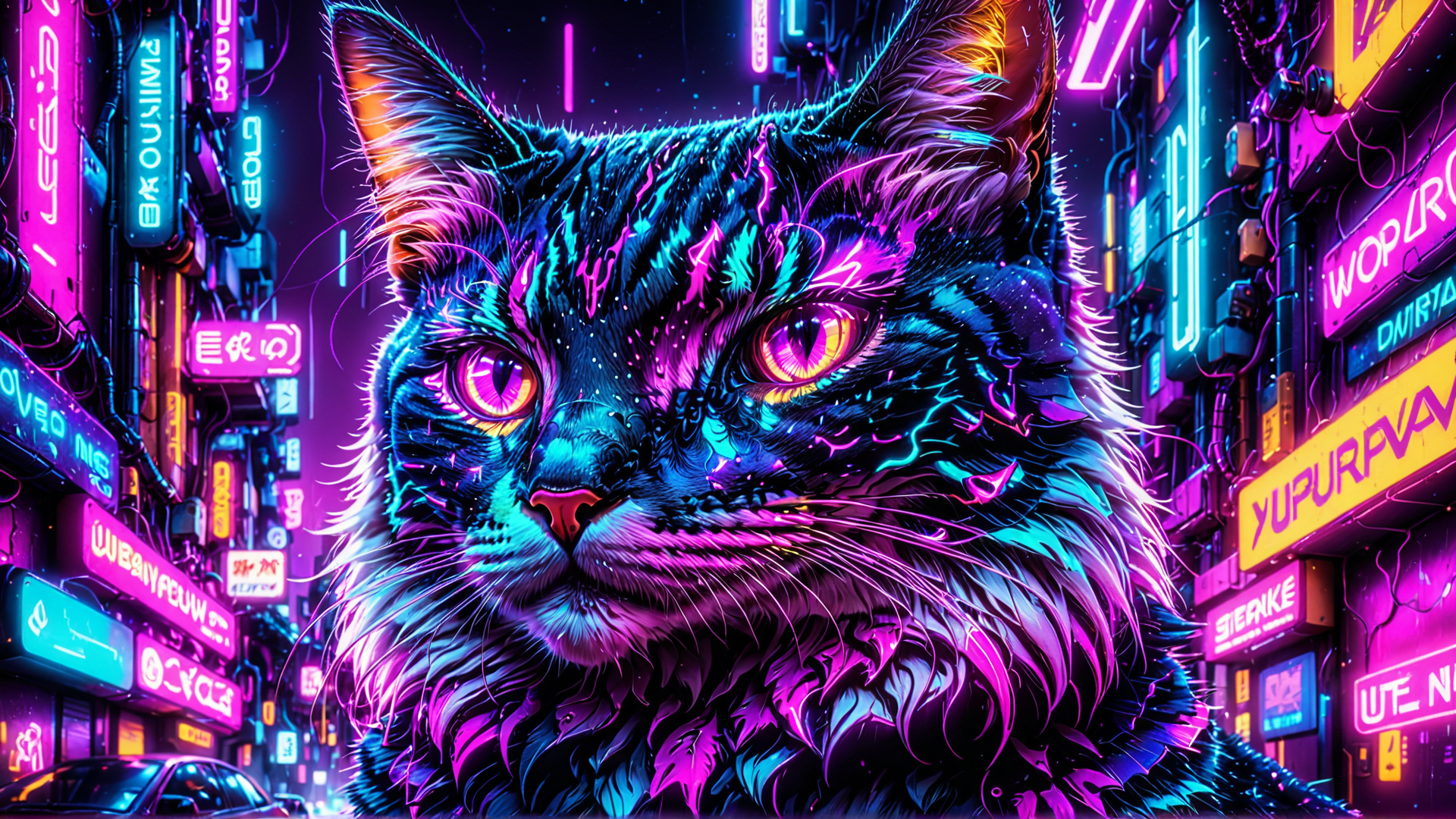 AI generated wallpaper featuring cat, neon, city