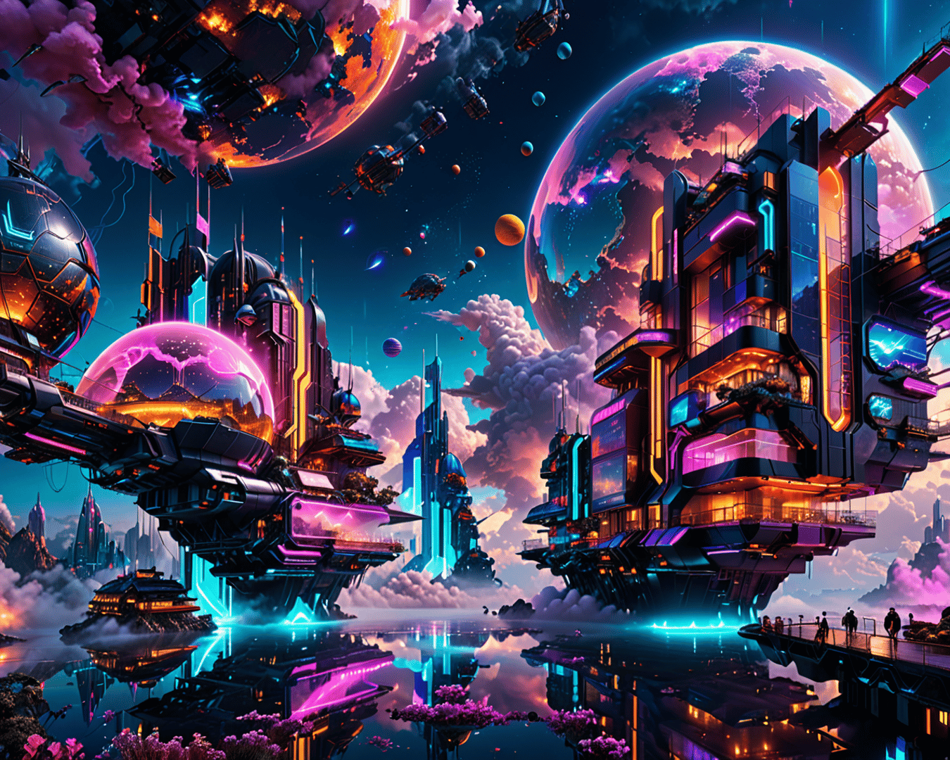 AI generated wallpaper featuring city, spaceships, planets