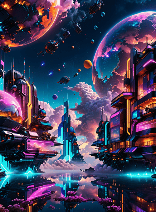 city, spaceships, planets