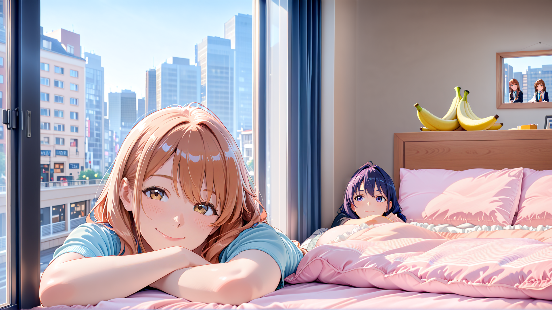 AI generated wallpaper featuring girl, bed, city