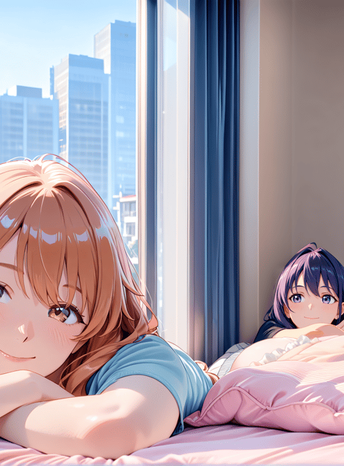 girl, bed, city