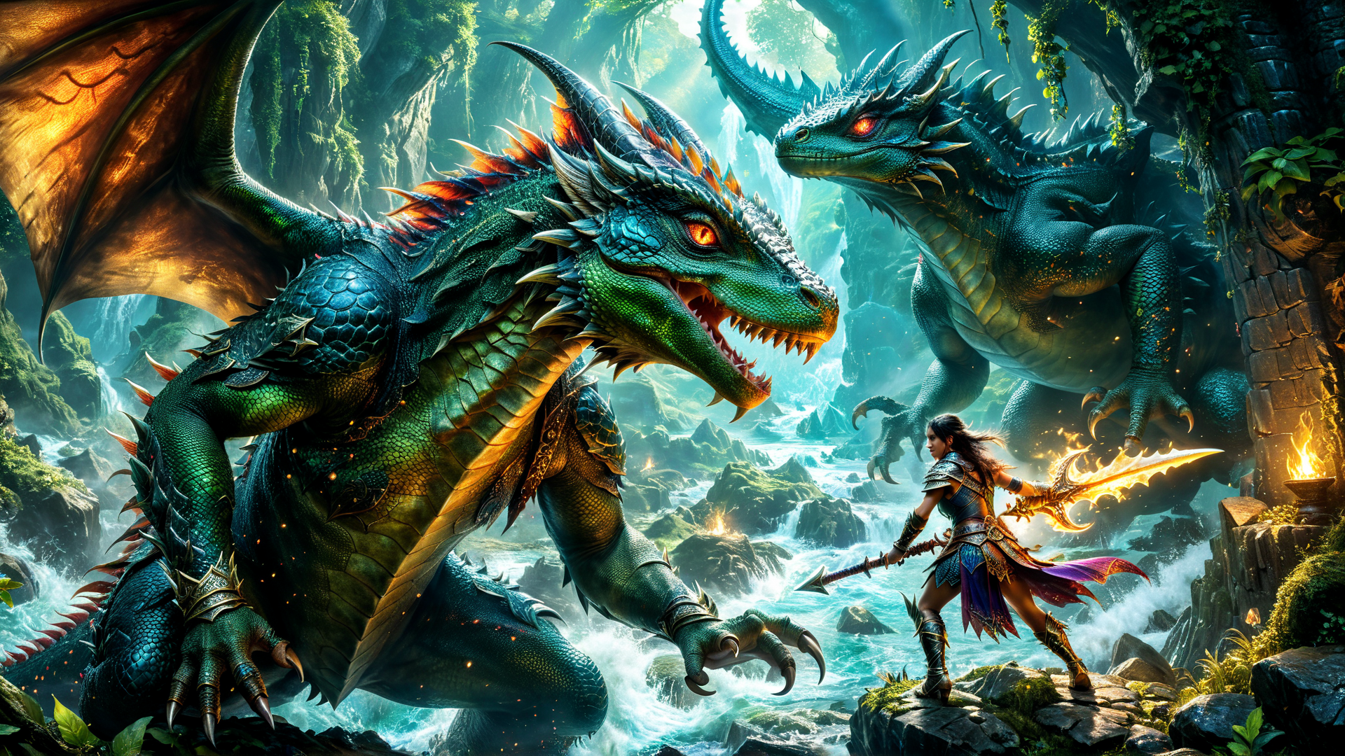AI generated wallpaper featuring dragon, warrior, sword, cave, waterfall, forest, monster, armor, torch, lava