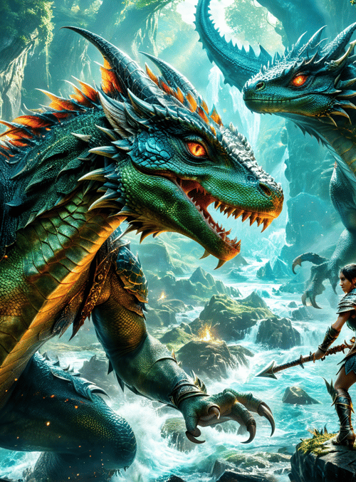 dragon, warrior, sword, cave, waterfall, forest, monster, armor, torch, lava