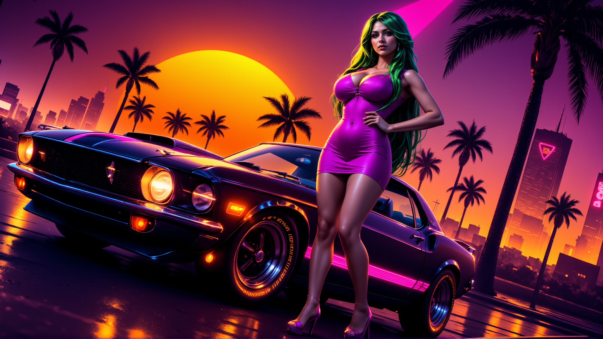 AI generated wallpaper featuring woman, car, palm trees