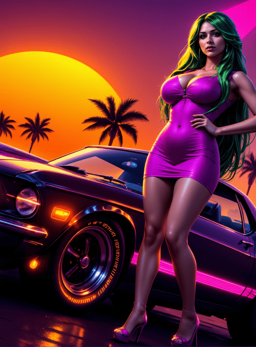woman, car, palm trees