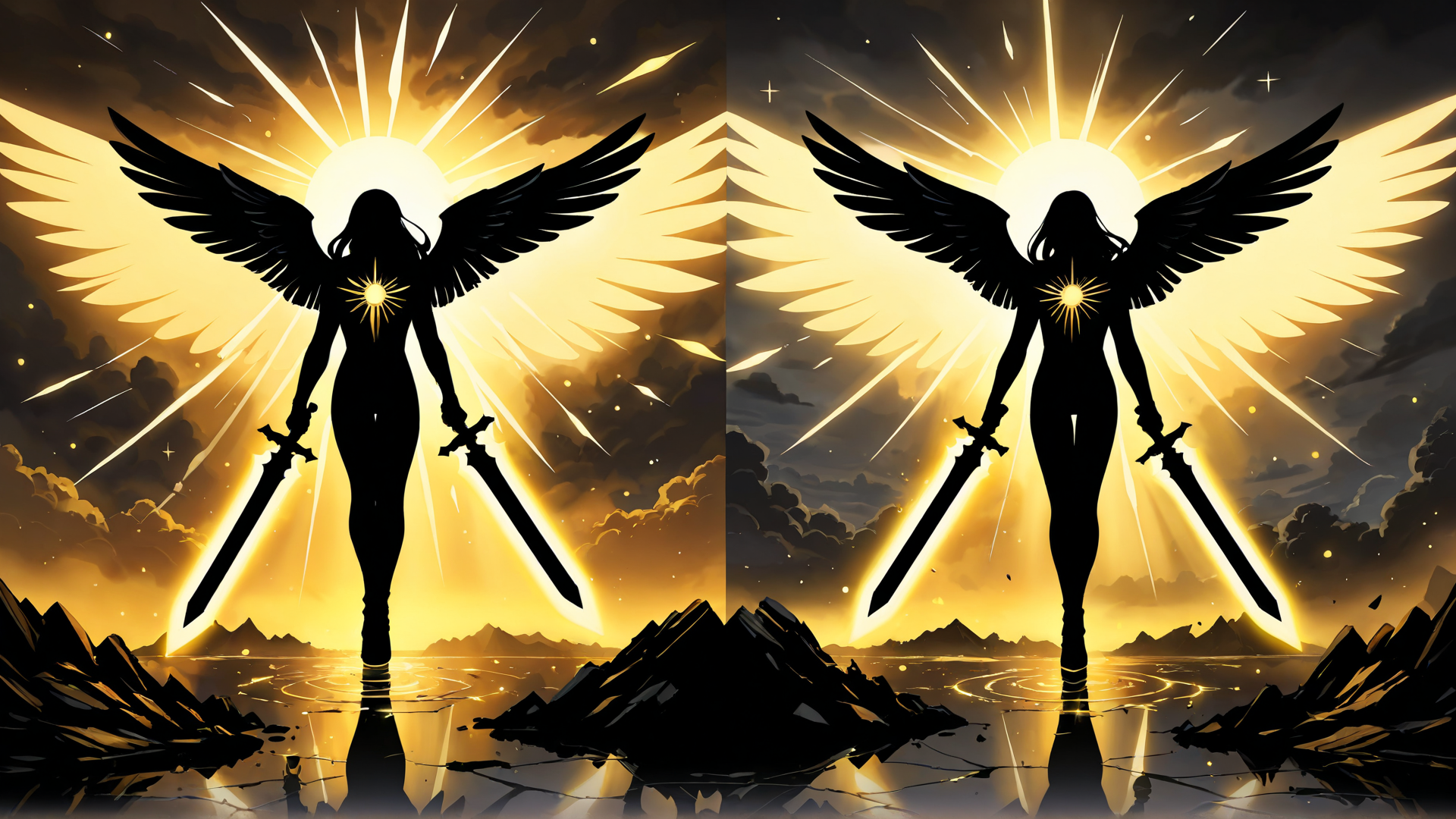 AI generated wallpaper featuring angel, sword, silhouette, wings, woman, light, sun, mountain, water, reflection