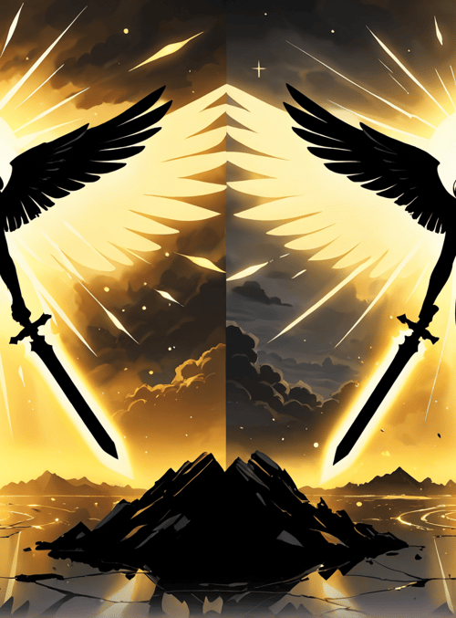 angel, sword, silhouette, wings, woman, light, sun, mountain, water, reflection