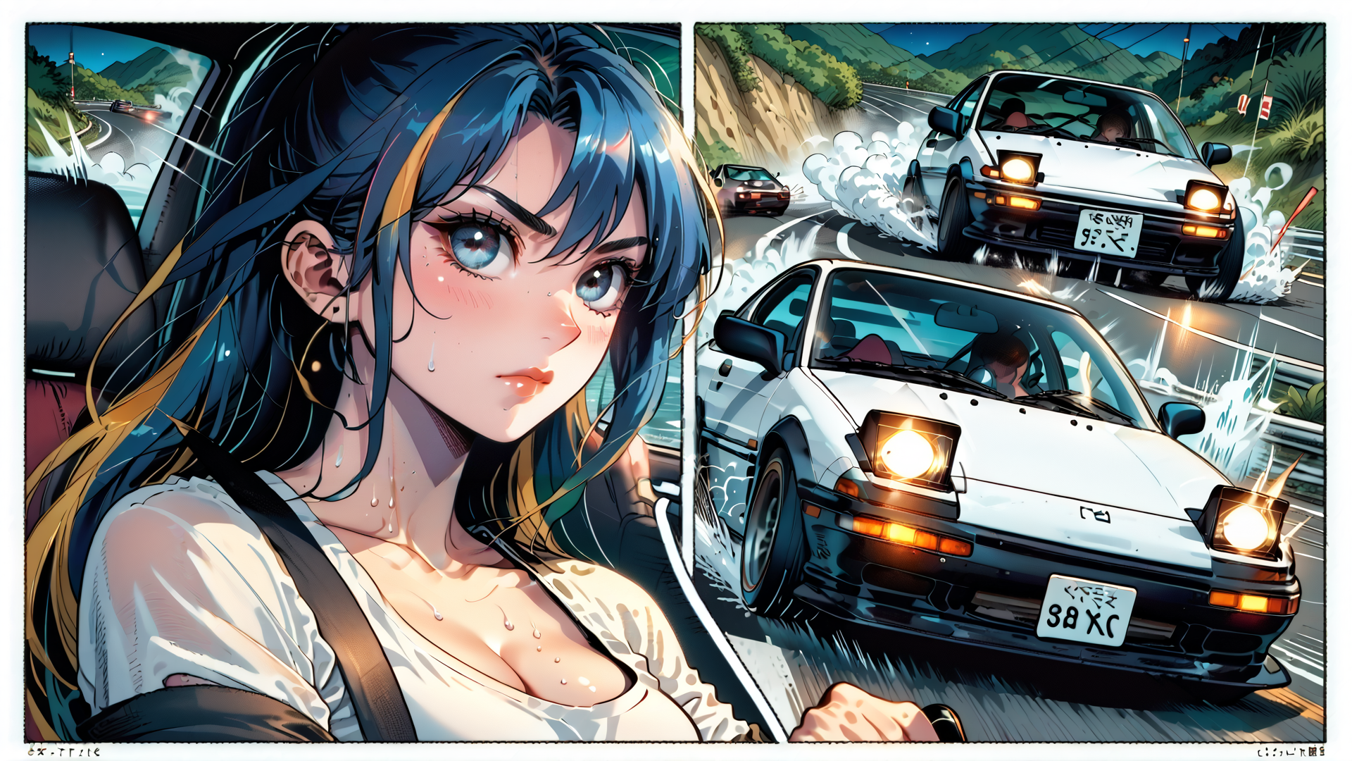 AI generated wallpaper featuring woman, car, nissan, road, drifting, racing, hair, sweat, suspension, license plate