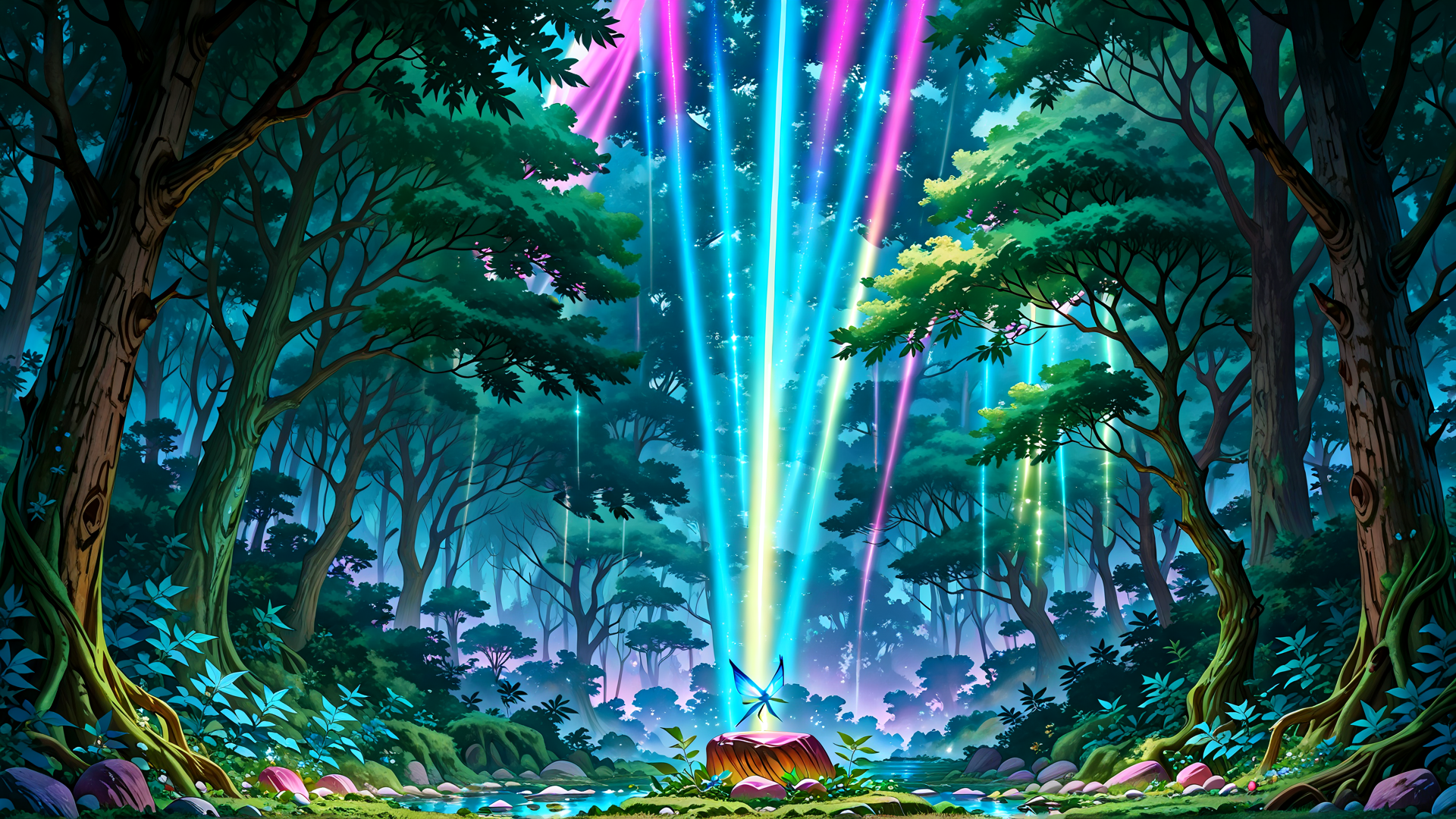 AI generated wallpaper featuring forest, trees, light beams, butterfly, stream, rocks, plants, roots, blossoms, stump