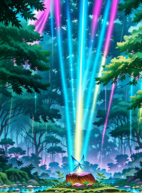 forest, trees, light beams, butterfly, stream, rocks, plants, roots, blossoms, stump