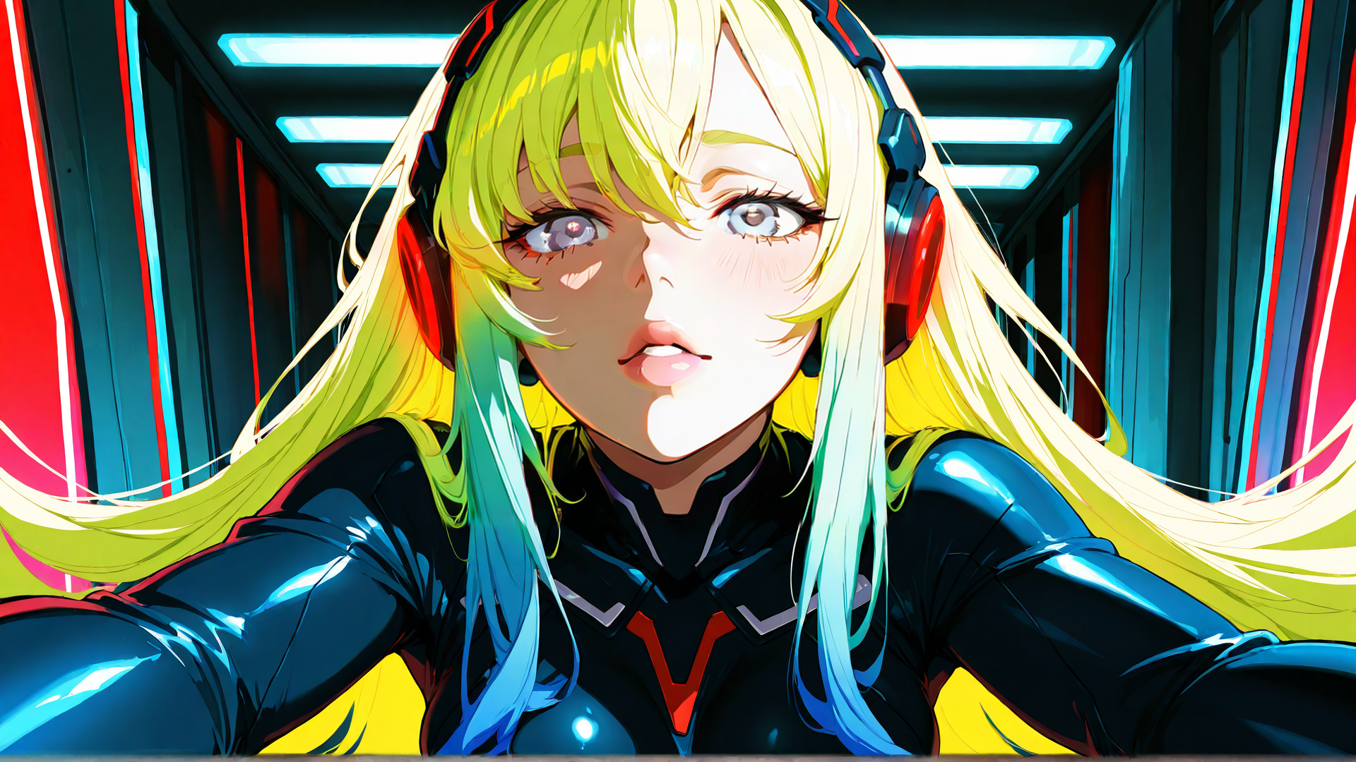 AI generated wallpaper featuring woman, cyberpunk, gamer, headphones, hair