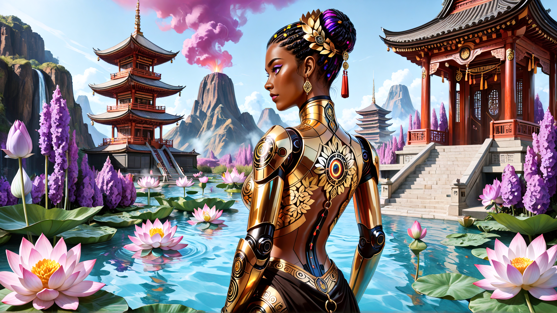 AI generated wallpaper featuring woman, robot, lotus, pagoda, mountain, flower, water, building, hair, ornament