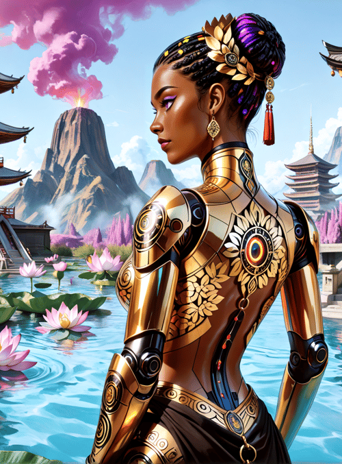 woman, robot, lotus, pagoda, mountain, flower, water, building, hair, ornament