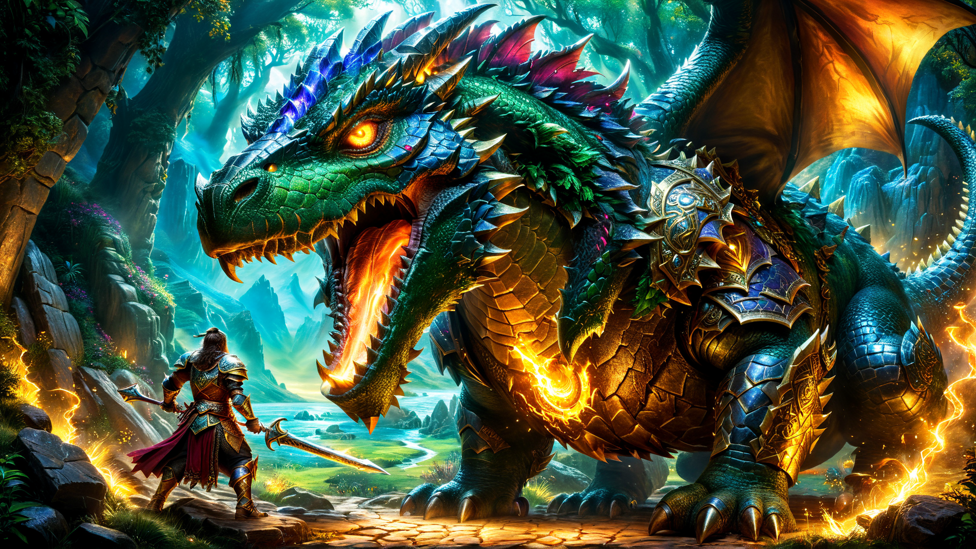AI generated wallpaper featuring dragon, knight, armor, swords, dragon scales, wings, forest, mountains, fire, stones