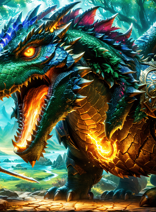 dragon, knight, armor, swords, dragon scales, wings, forest, mountains, fire, stones