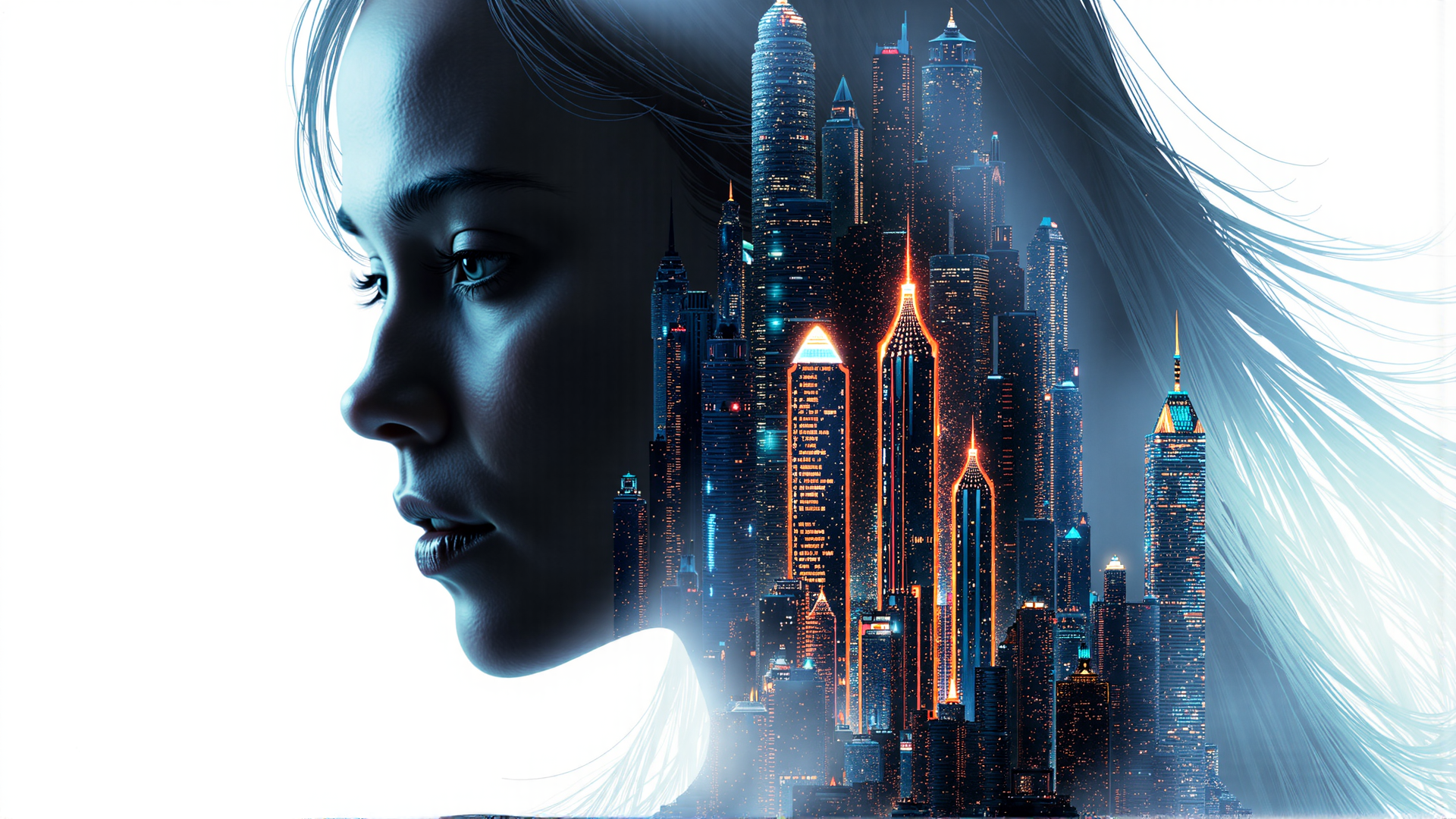 AI generated wallpaper featuring woman, cityscape, skyscrapers, hair