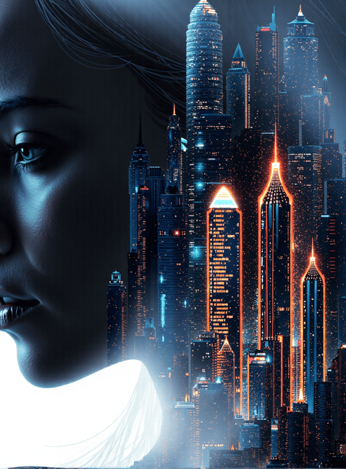 woman, cityscape, skyscrapers, hair