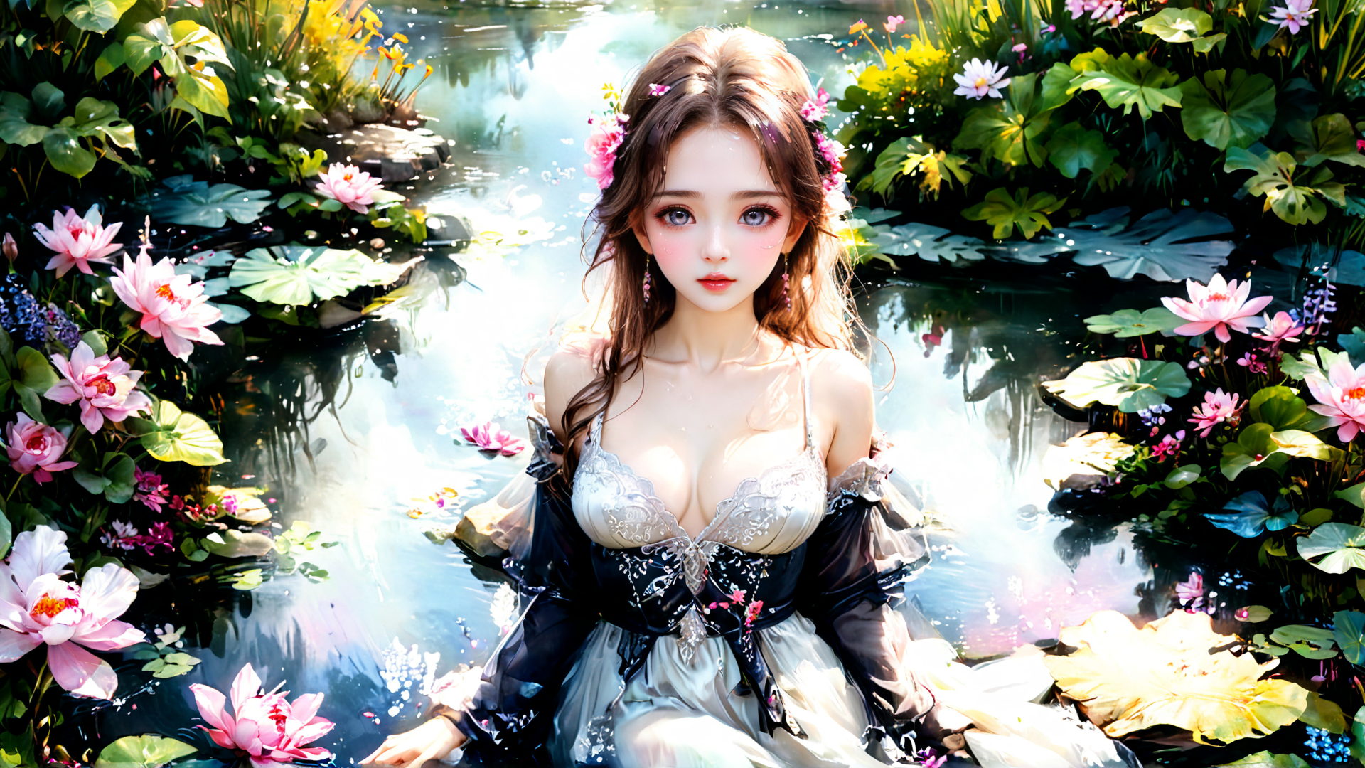 AI generated wallpaper featuring woman, lotus, pond
