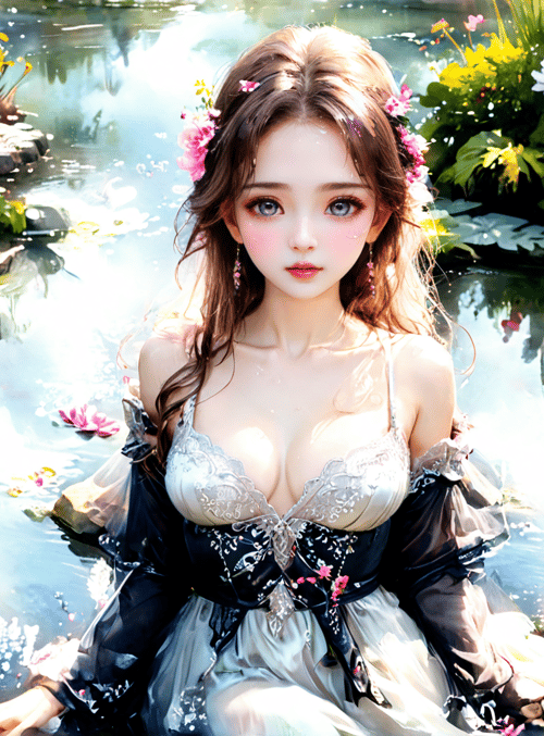 woman, lotus, pond