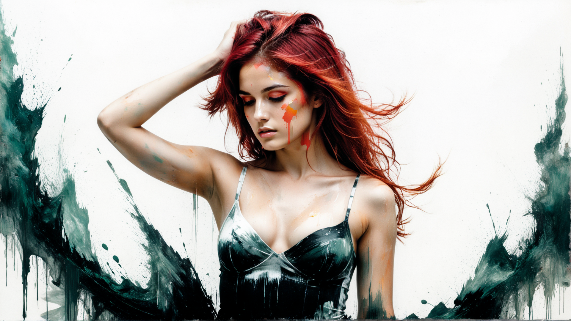 AI generated wallpaper featuring woman, red hair, paint splatter, tank top, art
