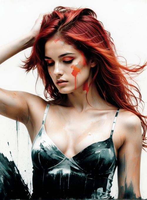 woman, red hair, paint splatter, tank top, art