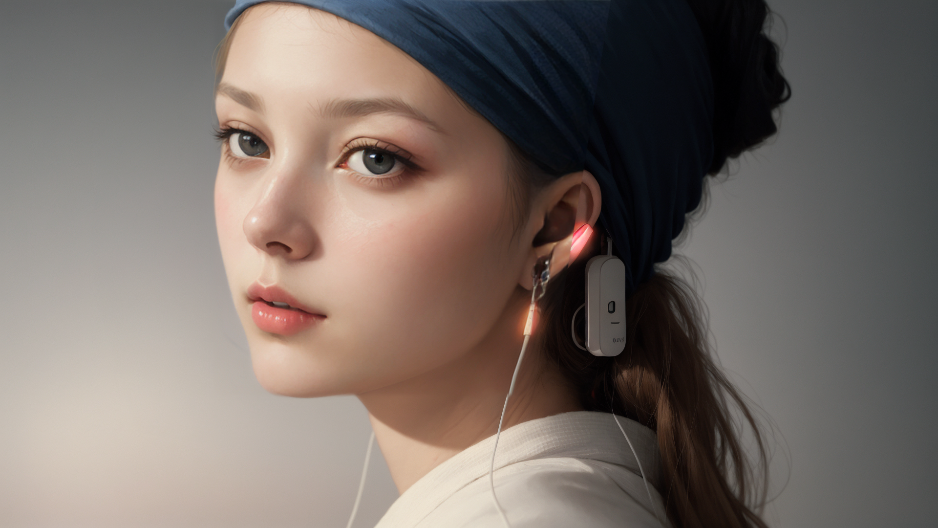 AI generated wallpaper featuring woman, earphones, headband