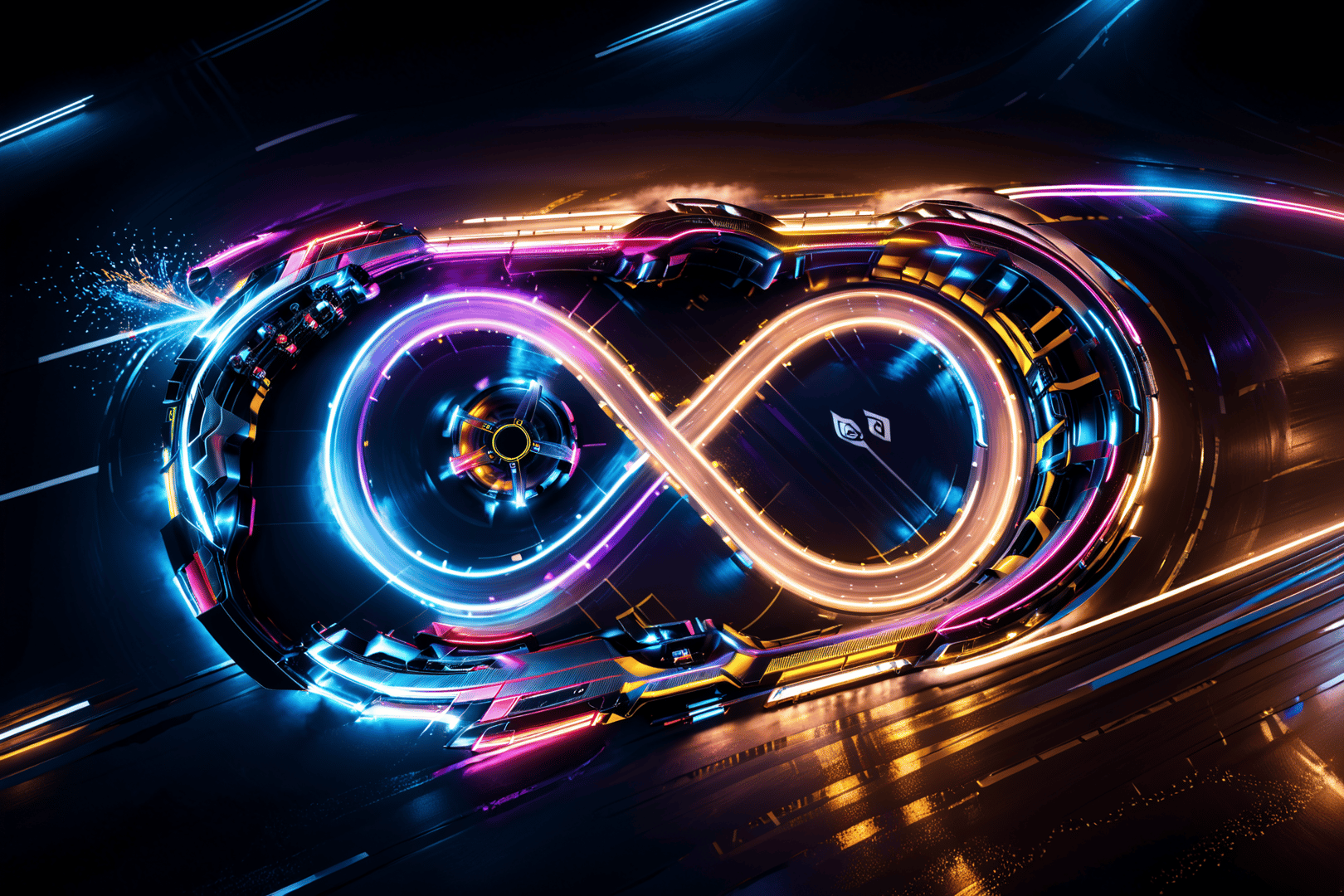 AI generated wallpaper featuring infinite symbol, neon car, futuristic vehicle
