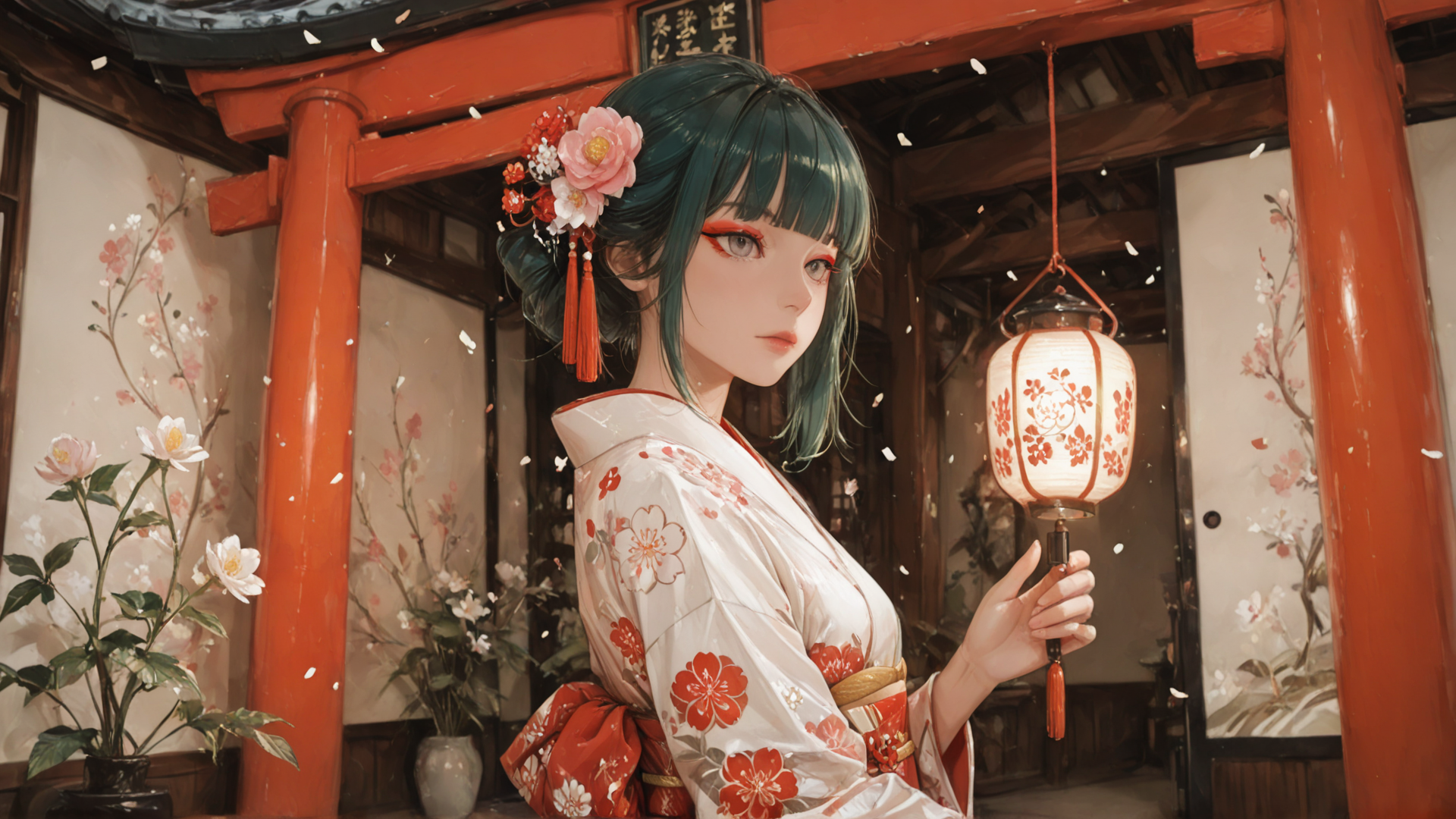 AI generated wallpaper featuring woman, lantern, kimono, flower, cherry blossom, lantern, bamboo, sakura, traditional building, tatami