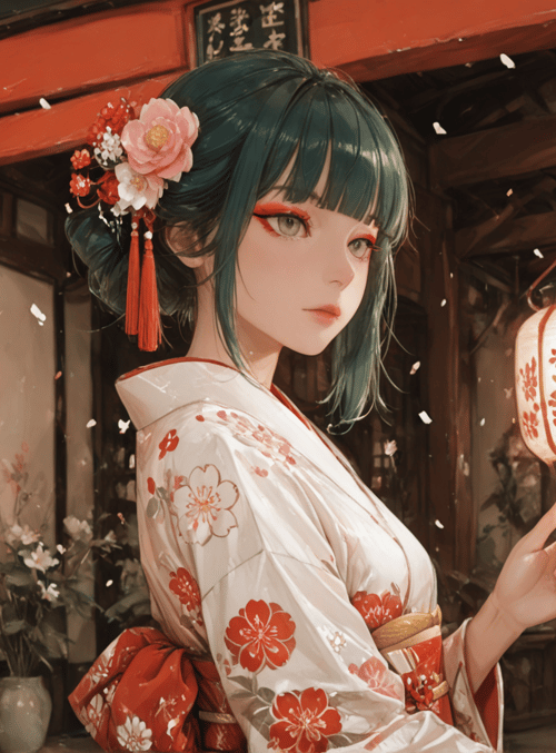 woman, lantern, kimono, flower, cherry blossom, lantern, bamboo, sakura, traditional building, tatami