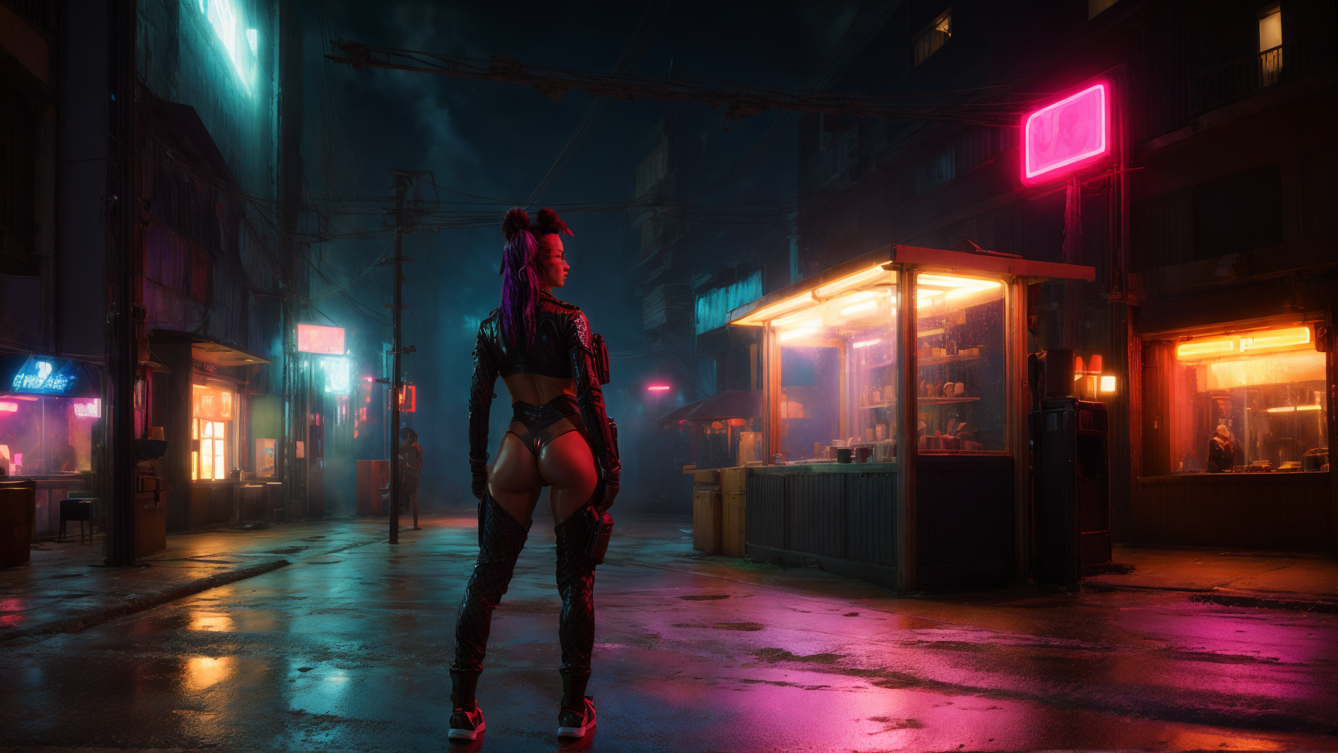 AI generated wallpaper featuring woman, street, neon