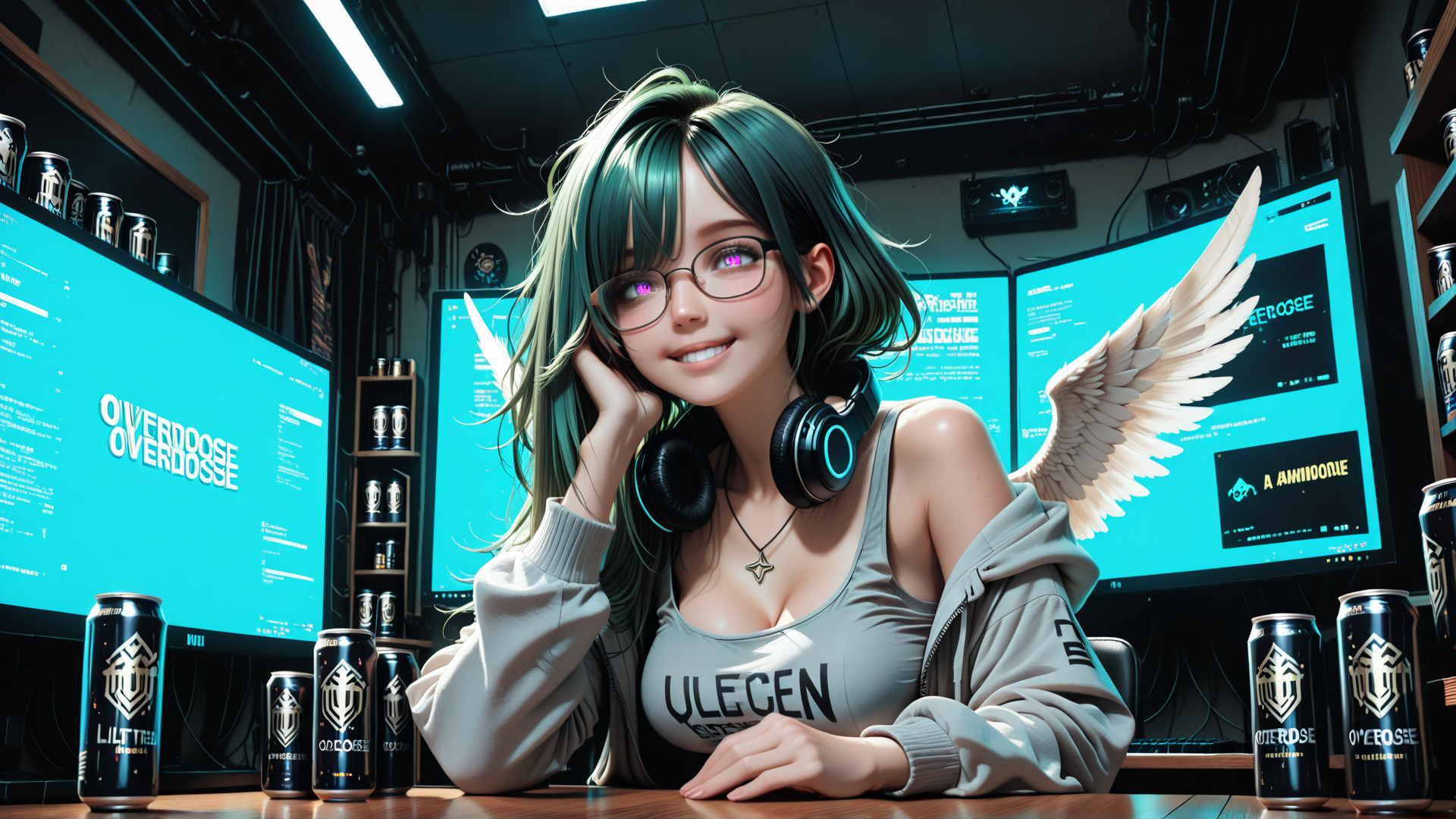 AI generated wallpaper featuring woman, gamer, angel wings, headphones, monitor