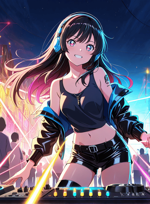dj, girl, neon