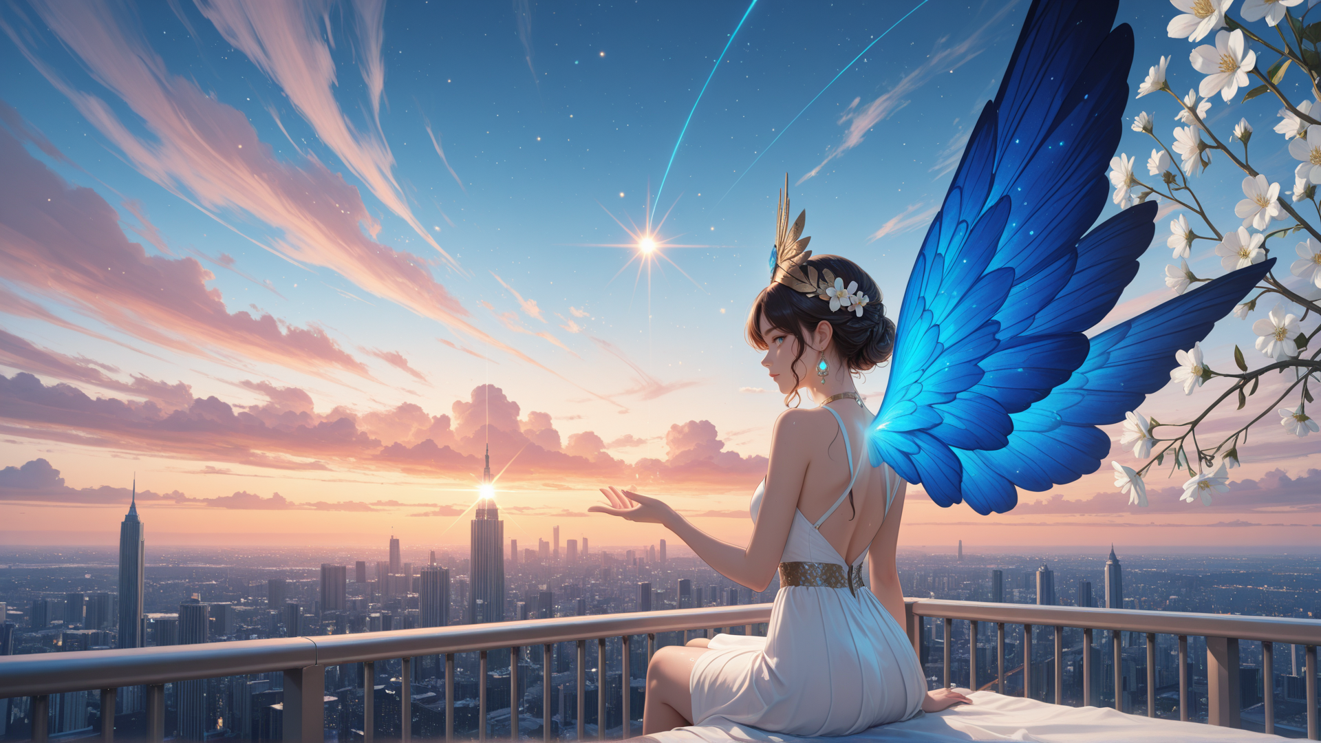 AI generated wallpaper featuring fairy, angel, cityscape, sunset, buildings, flowers, sky, sun, stars, wings