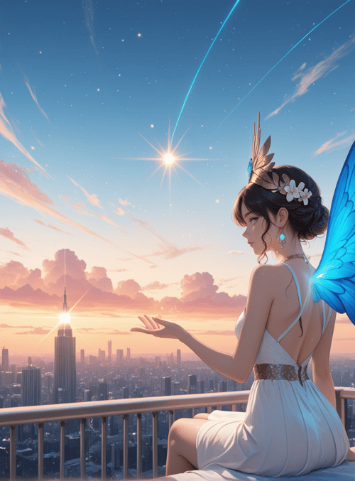 fairy, angel, cityscape, sunset, buildings, flowers, sky, sun, stars, wings