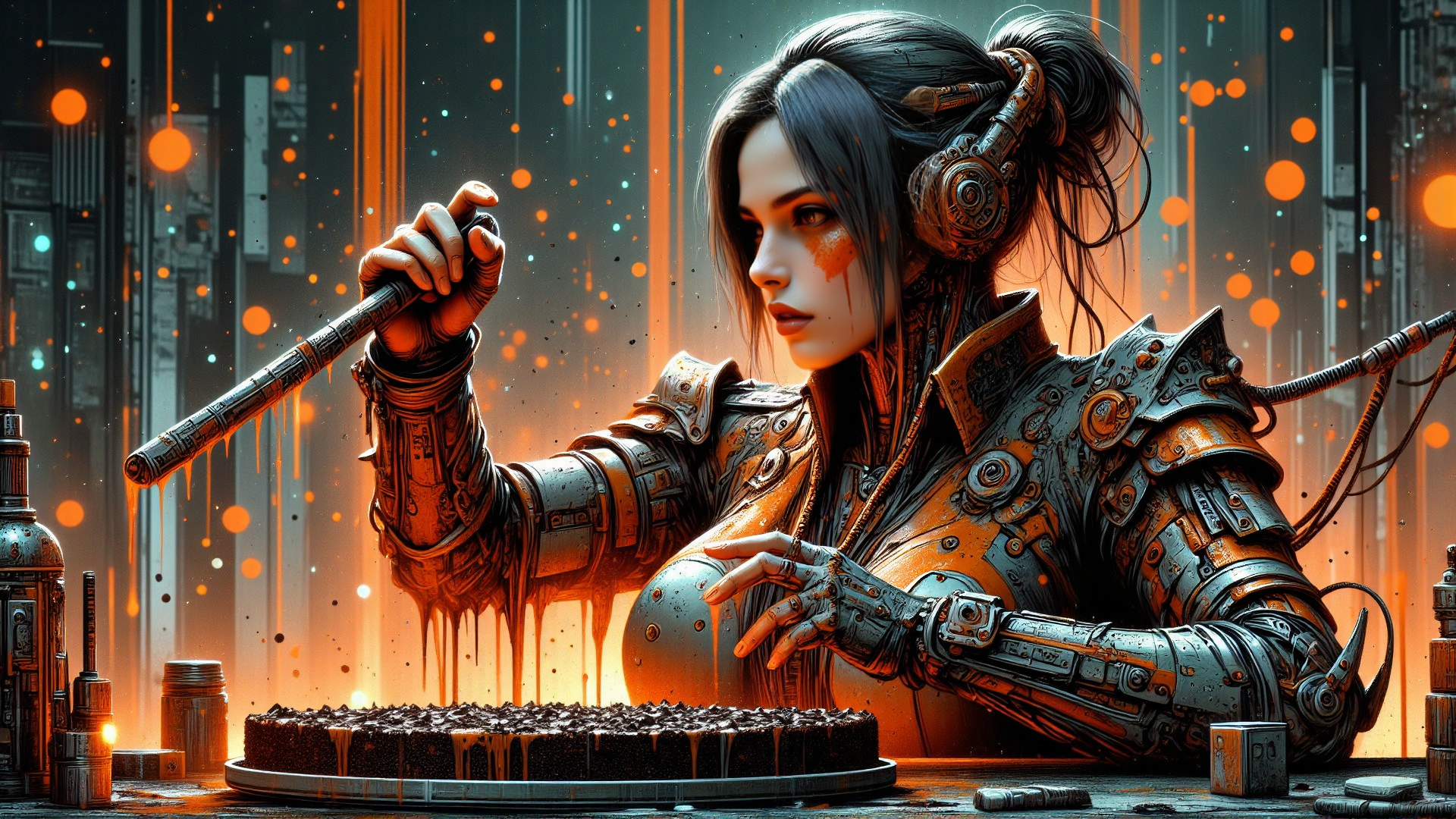 AI generated wallpaper featuring cyborg, woman, cake