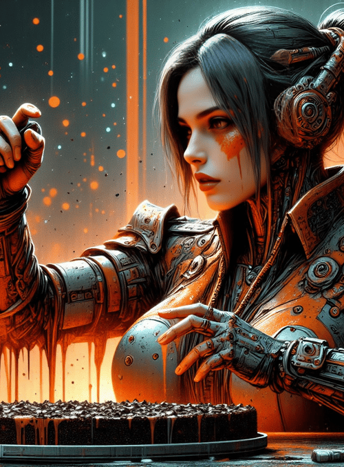 cyborg, woman, cake