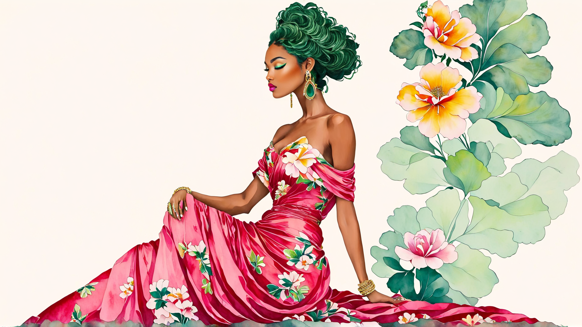 AI generated wallpaper featuring woman, dress, flowers, leaves, jewelry, hair