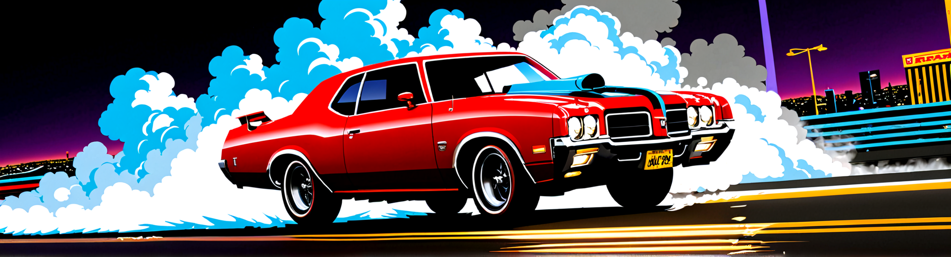 AI generated wallpaper featuring car, muscle car, drag racing, street, smoke
