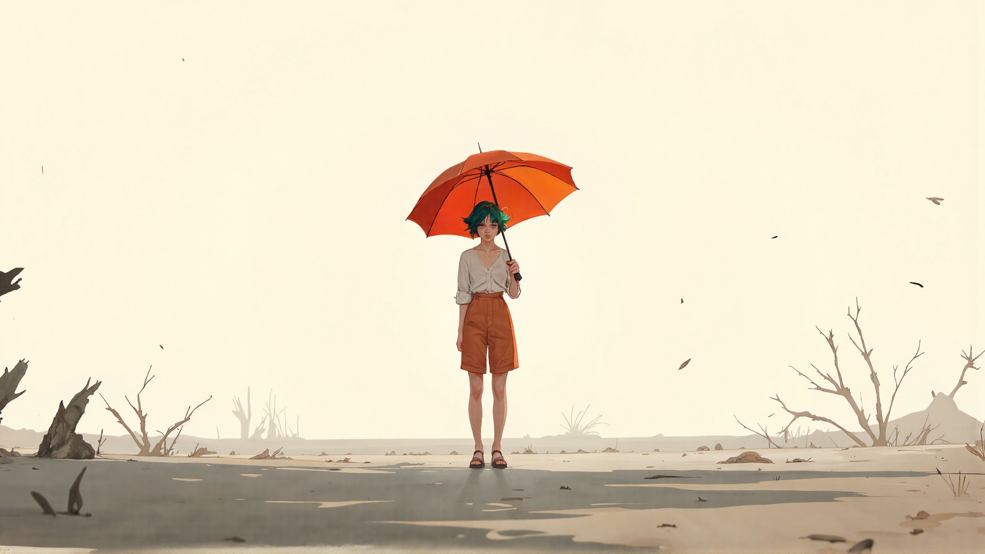 AI generated wallpaper featuring woman, umbrella, desert, tree, sand, bird