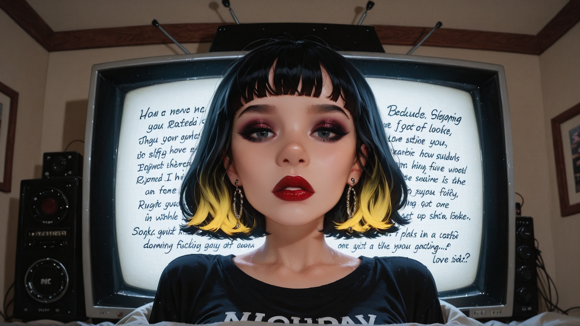 AI generated wallpaper featuring woman, tv, speakers, bed, hair