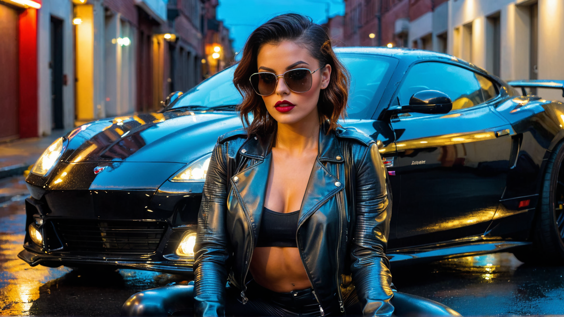 AI generated wallpaper featuring woman, car