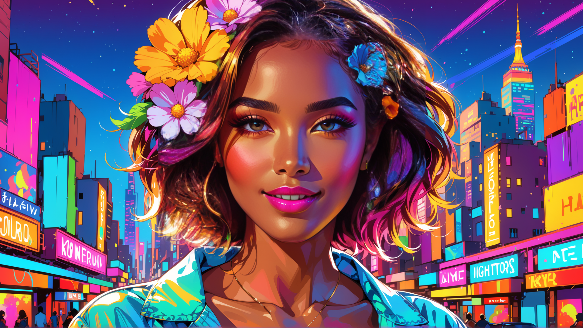 AI generated wallpaper featuring woman, cityscape, flowers
