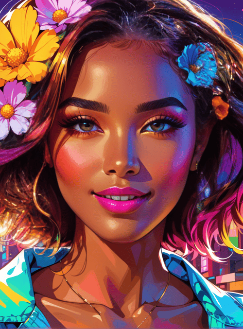 woman, cityscape, flowers