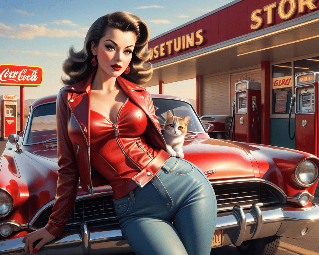 AI generated wallpaper featuring woman, cat, car