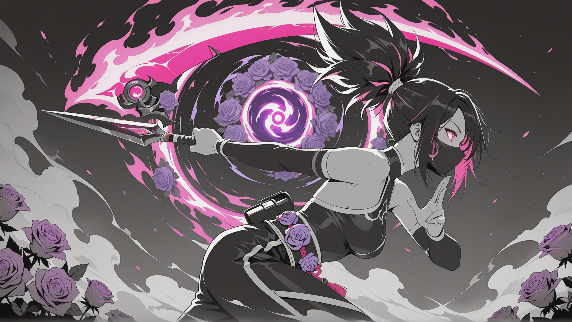 AI generated wallpaper featuring girl, ninja, sword, roses, mask